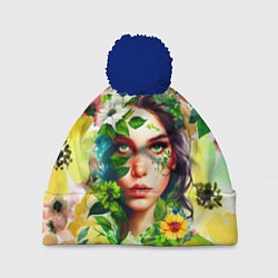 Шапка с помпоном Девушка Весна - акварель, цвет: 3D-тёмно-синий