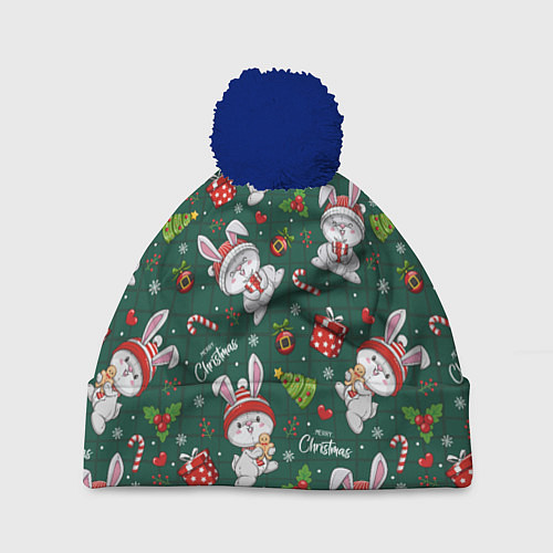 Шапка c помпоном Новогодние кролики - паттерн / 3D-Тёмно-синий – фото 1