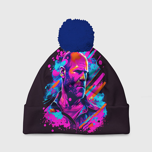 Шапка c помпоном Jason Statham - pop art / 3D-Тёмно-синий – фото 1