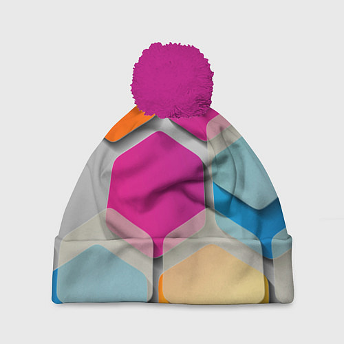Шапка c помпоном Абстрактные разноцветные геометрические фигуры / 3D-Малиновый – фото 1