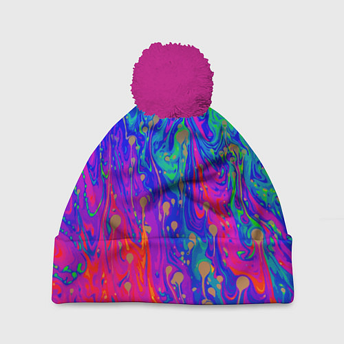 Шапка c помпоном Разноцветная импрессивная композиция / 3D-Малиновый – фото 1