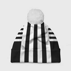 Шапка c помпоном Черно белый узор в полоску