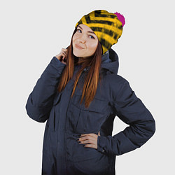 Шапка с помпоном WARNING - желто-черные полосы, цвет: 3D-малиновый — фото 2