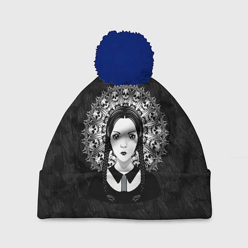 Шапка c помпоном Готическая девушка и округлый орнамент с черепами / 3D-Тёмно-синий – фото 1