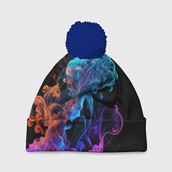 Шапка с помпоном Неоновый цветной дым на черном фоне, цвет: 3D-тёмно-синий