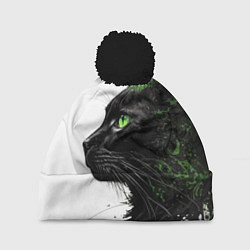 Шапка с помпоном Кот с зелеными глазами, цвет: 3D-черный