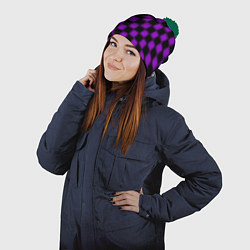 Шапка с помпоном Фиолетовый черный узор Шахматка, цвет: 3D-зеленый — фото 2