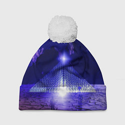 Шапка с помпоном Синяя магическая пирамида, горы и космос, цвет: 3D-белый