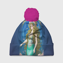 Шапка с помпоном Фэнтези женщина русалка с цветами, цвет: 3D-малиновый