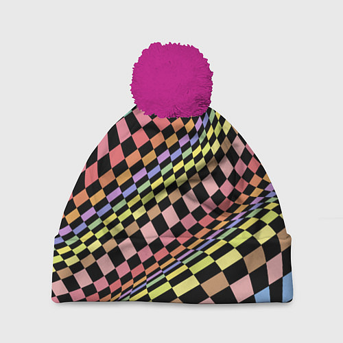 Шапка c помпоном Colorful avant-garde chess pattern - fashion / 3D-Малиновый – фото 1