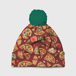 Шапка с помпоном Кусочки пиццы ассорти - акварельный паттерн, цвет: 3D-зеленый
