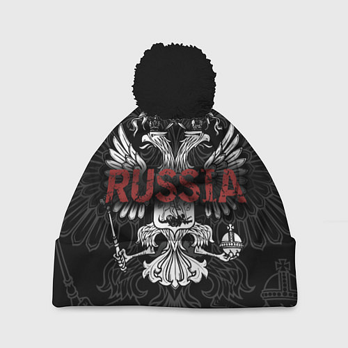 Шапка c помпоном Герб России с надписью Russia / 3D-Черный – фото 1