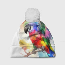 Шапка с помпоном Разноцветный акварельный попугай, цвет: 3D-белый