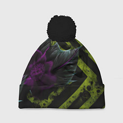 Шапка с помпоном Фиолетовый цветок и зеленые абстрактные листья, цвет: 3D-черный