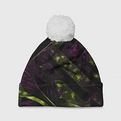 Шапка с помпоном Темные фиолетовые и зеленые вставки, цвет: 3D-белый