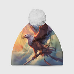 Шапка с помпоном Орел с мечом в облаках на закате, цвет: 3D-белый