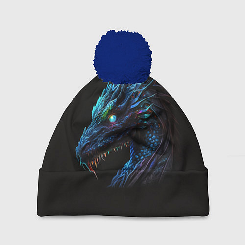 Шапка c помпоном Красивый неоновый дракон с голубыми глазами / 3D-Тёмно-синий – фото 1