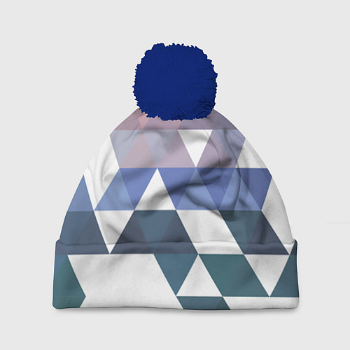 Шапка c помпоном Абстрактные разноцветные треугольники в паттерне / 3D-Тёмно-синий – фото 1