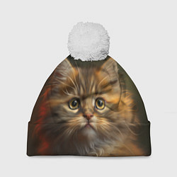 Шапка с помпоном Пушистый рыжий котенок, цвет: 3D-белый
