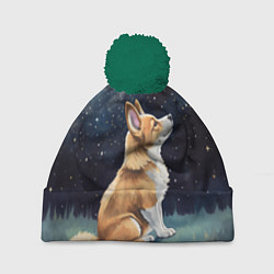 Шапка с помпоном Корги и звездное небо - акварель, цвет: 3D-зеленый