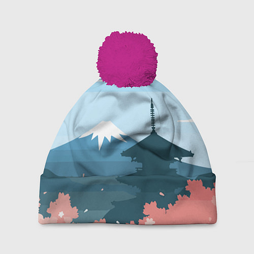 Шапка c помпоном Вид на Фудзияму - Япония / 3D-Малиновый – фото 1