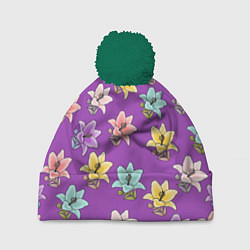 Шапка с помпоном Разноцветные лилии цветы, цвет: 3D-зеленый
