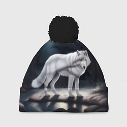 Шапка с помпоном Белый волк в лесу, цвет: 3D-черный