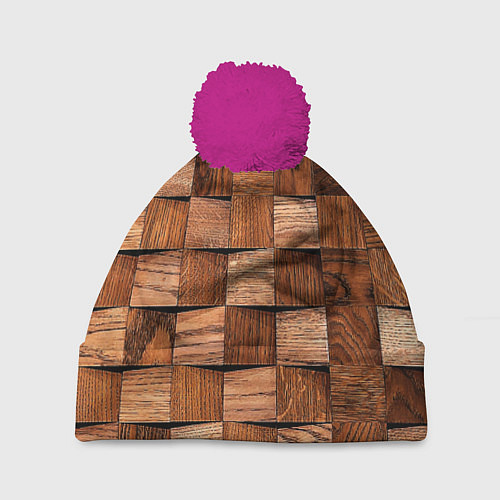 Шапка c помпоном Деревянные квадраты / 3D-Малиновый – фото 1