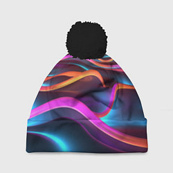Шапка с помпоном Неоновые фиолетовые волны, цвет: 3D-черный