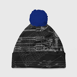Шапка с помпоном Чертеж ракеты на чёрном фоне, цвет: 3D-тёмно-синий