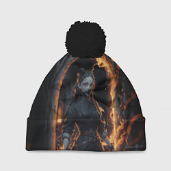 Шапка с помпоном Готическая девушка с двумя косами огненная магия, цвет: 3D-черный