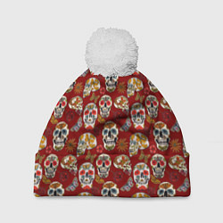Шапка с помпоном Мексиканские черепа с бабочками, цвет: 3D-белый
