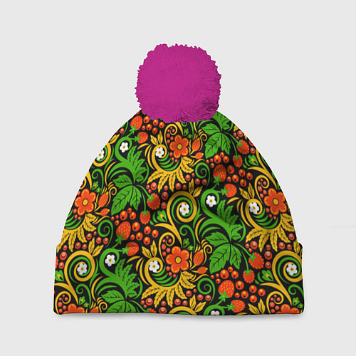 Шапка c помпоном Русское народное искусство - хохлома / 3D-Малиновый – фото 1