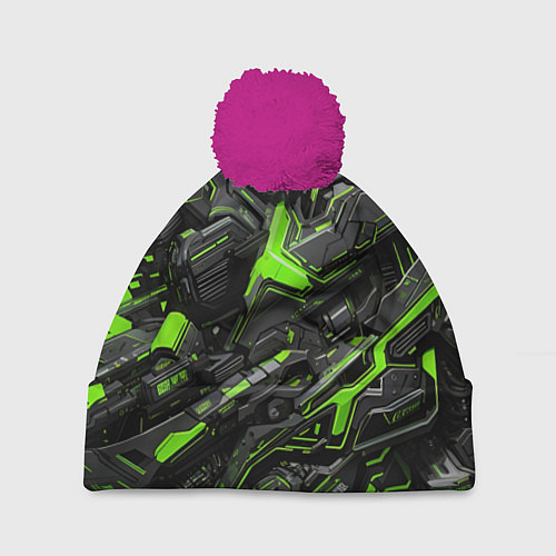 Шапка c помпоном Текстура киберпанка / 3D-Малиновый – фото 1