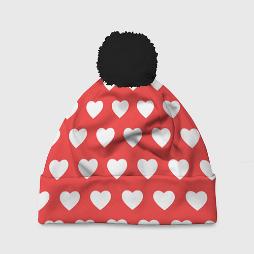 Шапка c помпоном Сердечки на красном фоне / 3D-Черный – фото 1