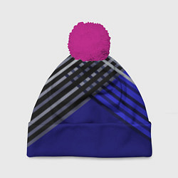 Шапка с помпоном Белые и серые полосы на синем фоне, цвет: 3D-малиновый
