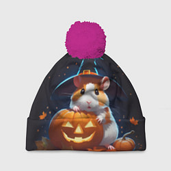 Шапка с помпоном Хомяк в шляпе ведьмы и тыква на Хэллоуин, цвет: 3D-малиновый