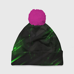 Шапка с помпоном Dark black green abstract, цвет: 3D-малиновый