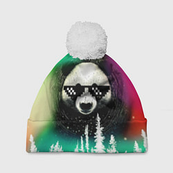 Шапка с помпоном Панда в очках на фоне северного сияния и леса, цвет: 3D-белый