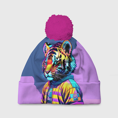 Шапка c помпоном Cool tiger cub - pop art / 3D-Малиновый – фото 1