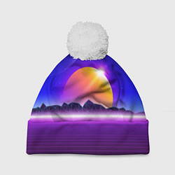 Шапка с помпоном Mountains - sun - space - vaporwave, цвет: 3D-белый