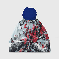 Шапка с помпоном Лепестки цветущей вишни - сакура, цвет: 3D-тёмно-синий