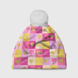 Шапка с помпоном Барби: желтые и розовые квадраты паттерн, цвет: 3D-белый