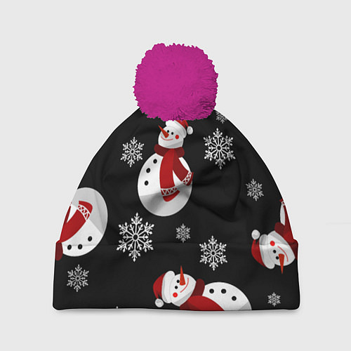 Шапка c помпоном Снеговички в зимних шапочках со снежинками / 3D-Малиновый – фото 1