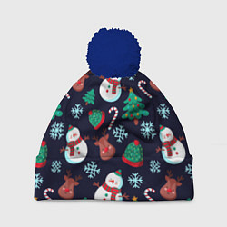 Шапка с помпоном Снеговички с рождественскими оленями и елками, цвет: 3D-тёмно-синий