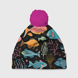 Шапка с помпоном Фолк-арт рыбовы, цвет: 3D-малиновый