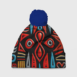 Шапка с помпоном Красно-синий узор в африканском стиле, цвет: 3D-тёмно-синий