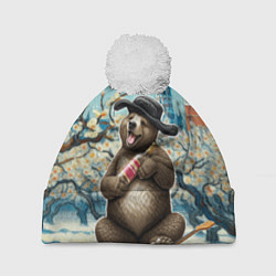 Шапка с помпоном Россия медведь водка балалайка, цвет: 3D-белый