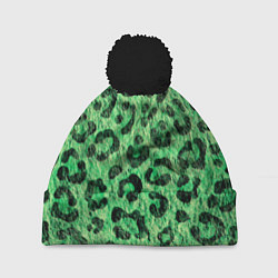 Шапка с помпоном Зелёный леопард паттерн, цвет: 3D-черный