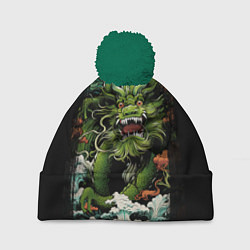 Шапка с помпоном Зеленый дракон символ года, цвет: 3D-зеленый